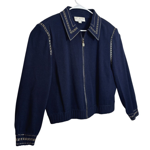 St. John Jackets & Blazers - Vintage St. John Collection Knit Jacket Women 16 Navy Blue Gold Studded Zip Up